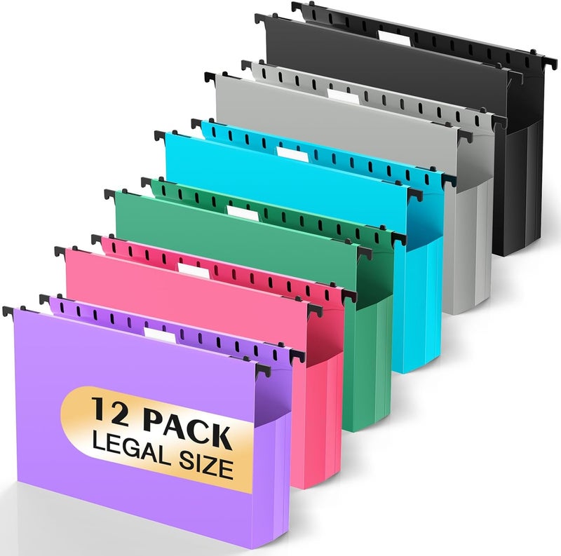 SHUTEX Extra Capacity Legal Size Hanging File Folders,12 Pack Reinforced Plastic Hanging Folder, Heavy Duty 2 Inch Expansion, Filing Cabinet Folders for Bulky Files, Medical Charts, Colorful - Image 1